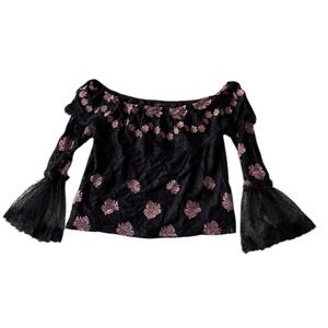 Adiva Womens Black Pink Floral Lace  Whimsigoth Witchy Off Shoulder Top Size Xl